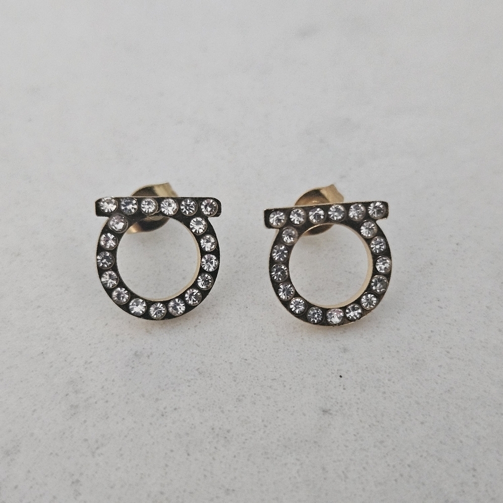 NEW Gancini-Style Gold-Tone Stainless Steel Crystalled Stud Earrings